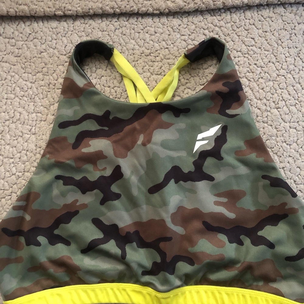 Flag Nor Fail Camouflage Sports Bra with Yellow Accents